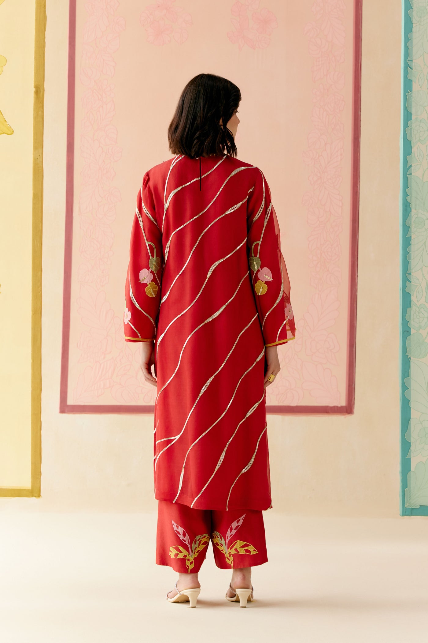 "I AM" a Bougainvillea red applique & hand embroidered leher suit set