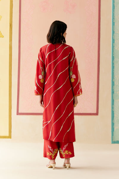 "I AM" a Bougainvillea red applique & hand embroidered leher suit set