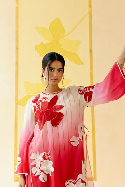 "I AM" a Red  & white rose  applique & hand embroidered ombre layered kurta set