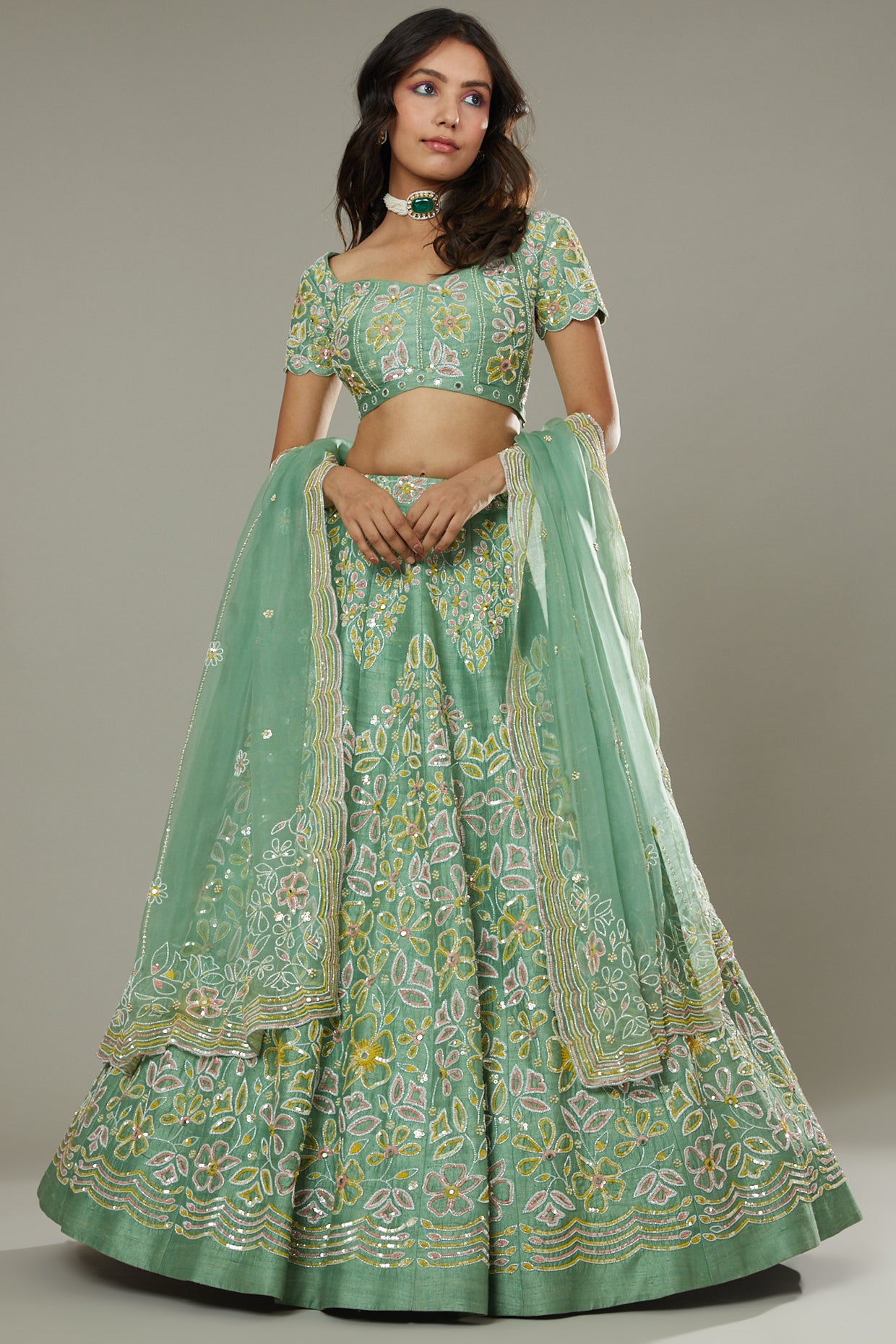 Green apple candy hand embroidered raw silk lehenga set