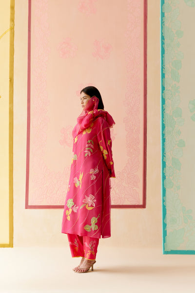 "I AM" a Bougainvillea pink applique & hand embroidered leher suit set