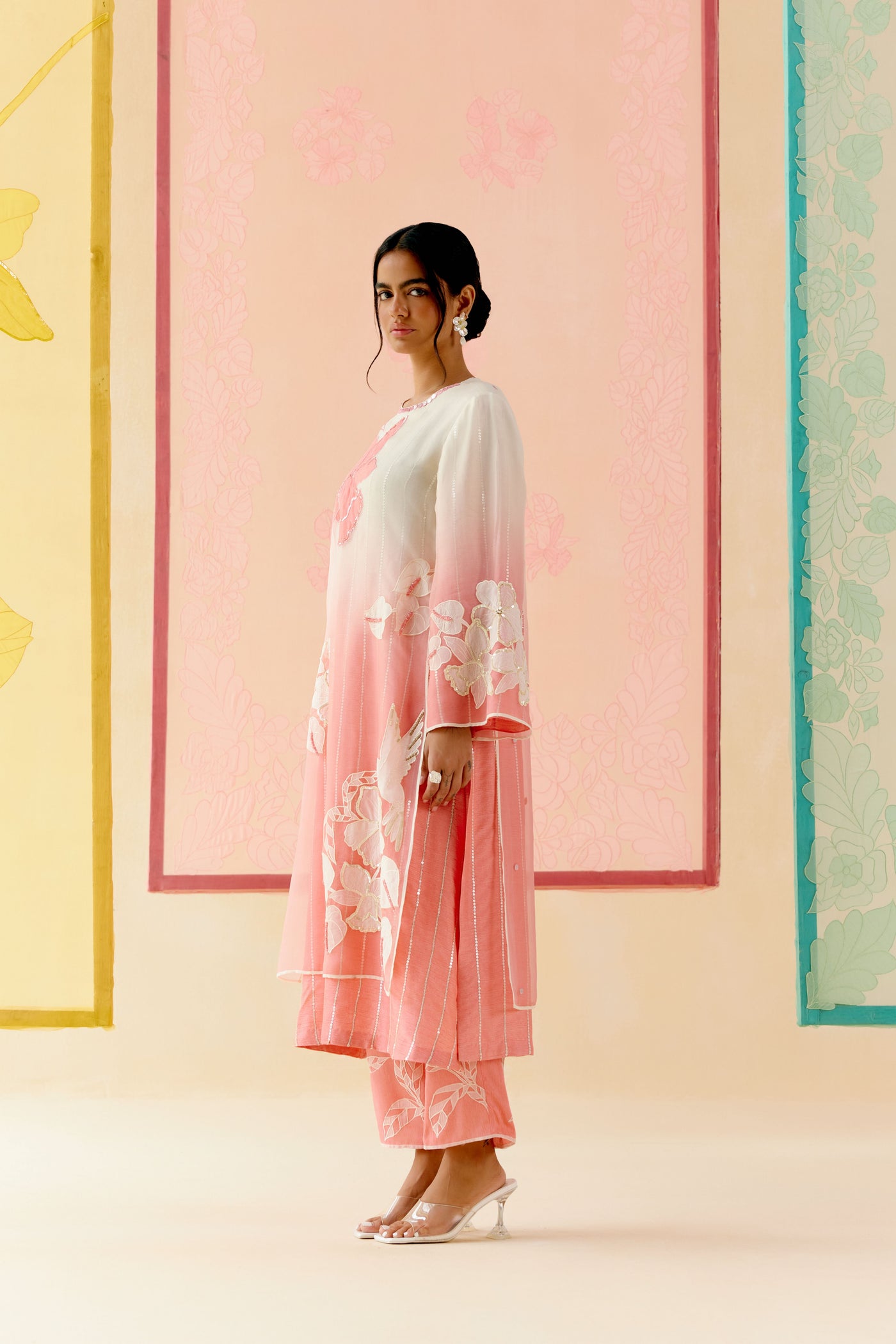 "I AM" a Cherry blossom pink & ivory  applique & hand embroidered ombre layered kurta set
