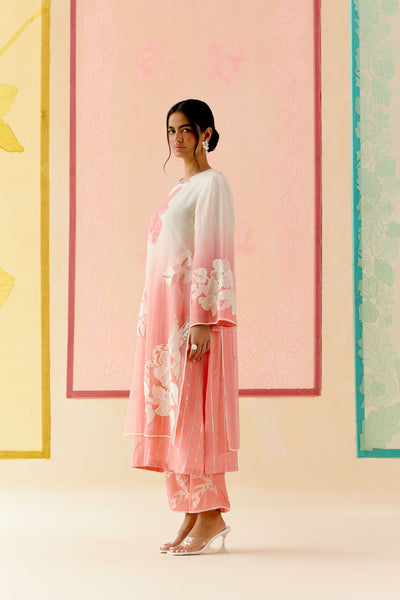 "I AM" a Cherry blossom pink & ivory  applique & hand embroidered ombre layered kurta set