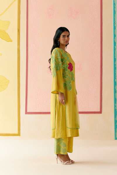 "I AM" a Hyacinth  Mustard applique & hand embroidered layered kurta set