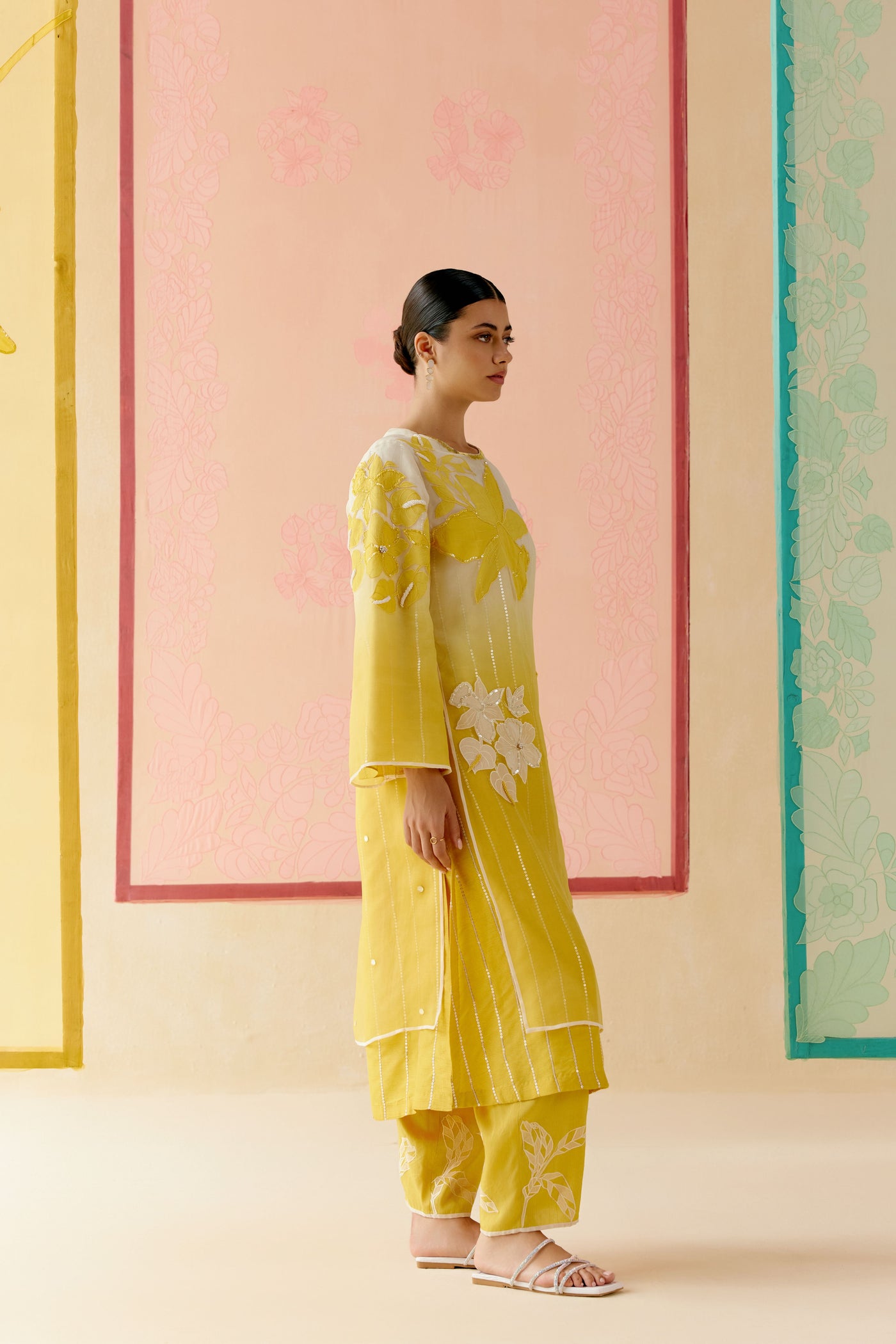 "I AM" a Begonia mustard & ivory applique & hand embroidered ombre layered kurta set