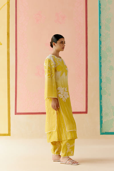 "I AM" a Begonia mustard & ivory applique & hand embroidered ombre layered kurta set