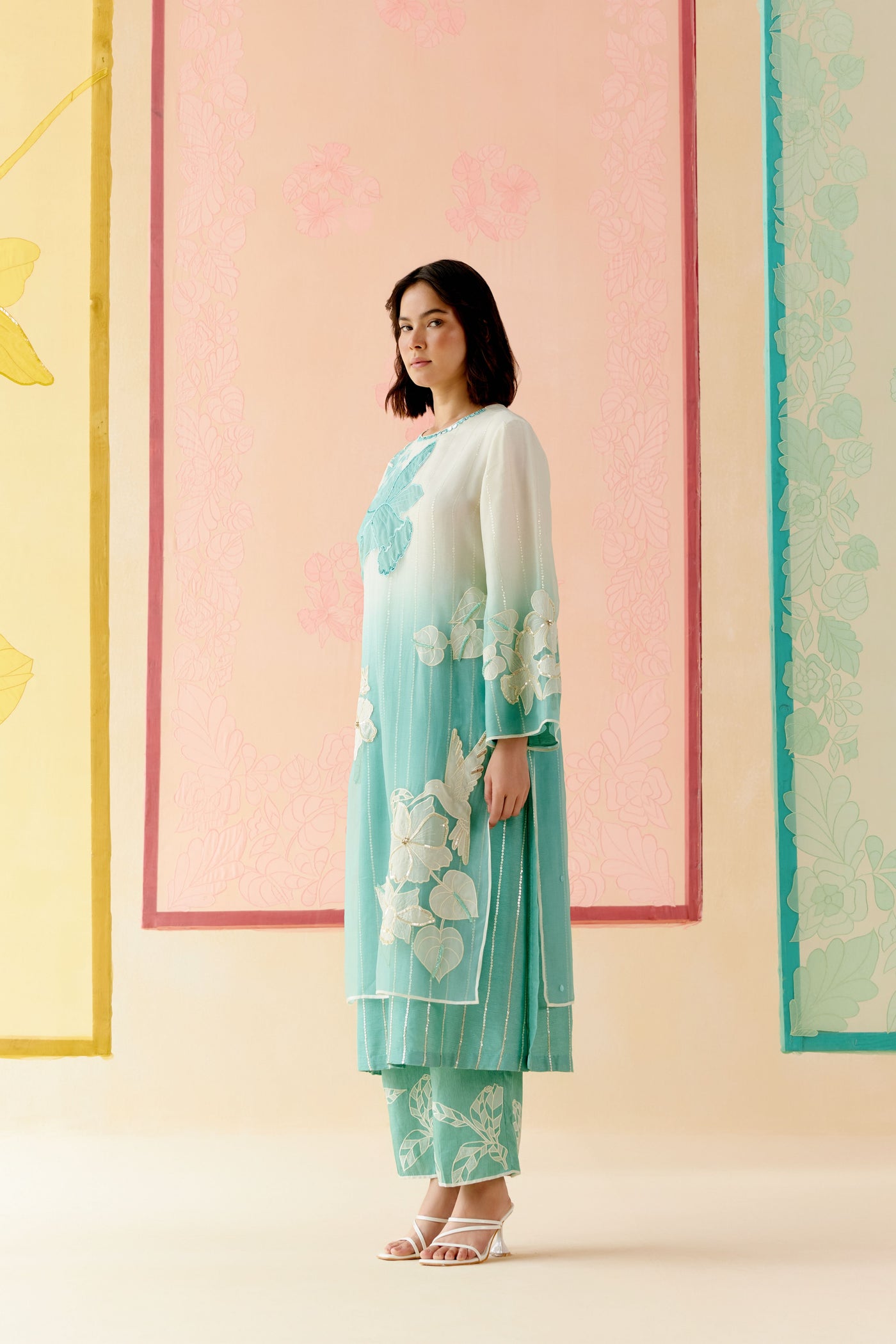 "I AM" a Hydrangea mint & ivory applique & hand embroidered ombre layered kurta set