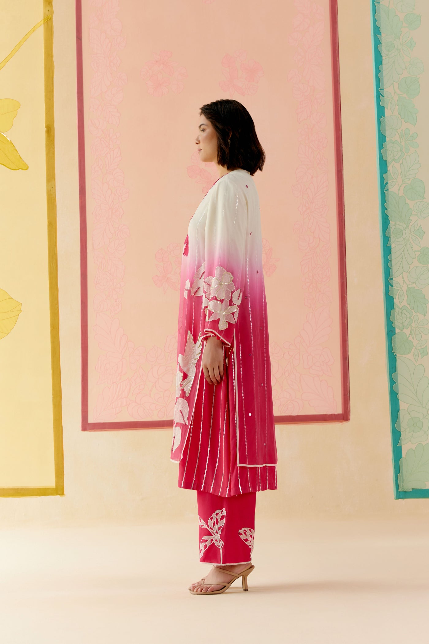 "I AM" a Pink & white rose  applique & hand embroidered ombre layered kurta set