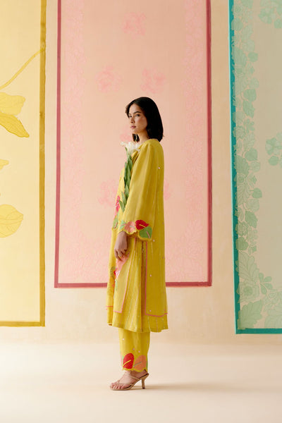 "I AM" a Bougainvillea mustard applique & hand embroidered leher suit set