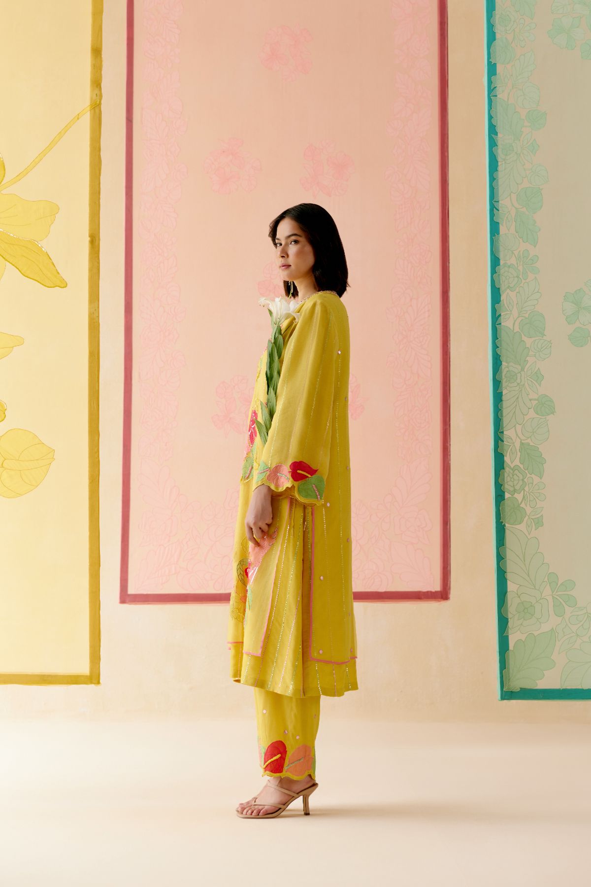"I AM" a Hibiscus Mustard applique & hand embroidered layered kurta set
