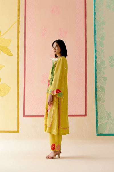 "I AM" a Hibiscus Mustard applique & hand embroidered layered kurta set