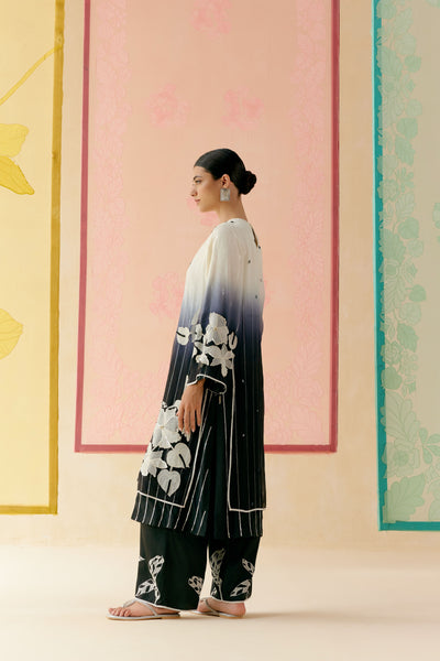 "i Am" a Black & White Rose  Applique & Hand Embroidered Ombre Layered Kurta Set