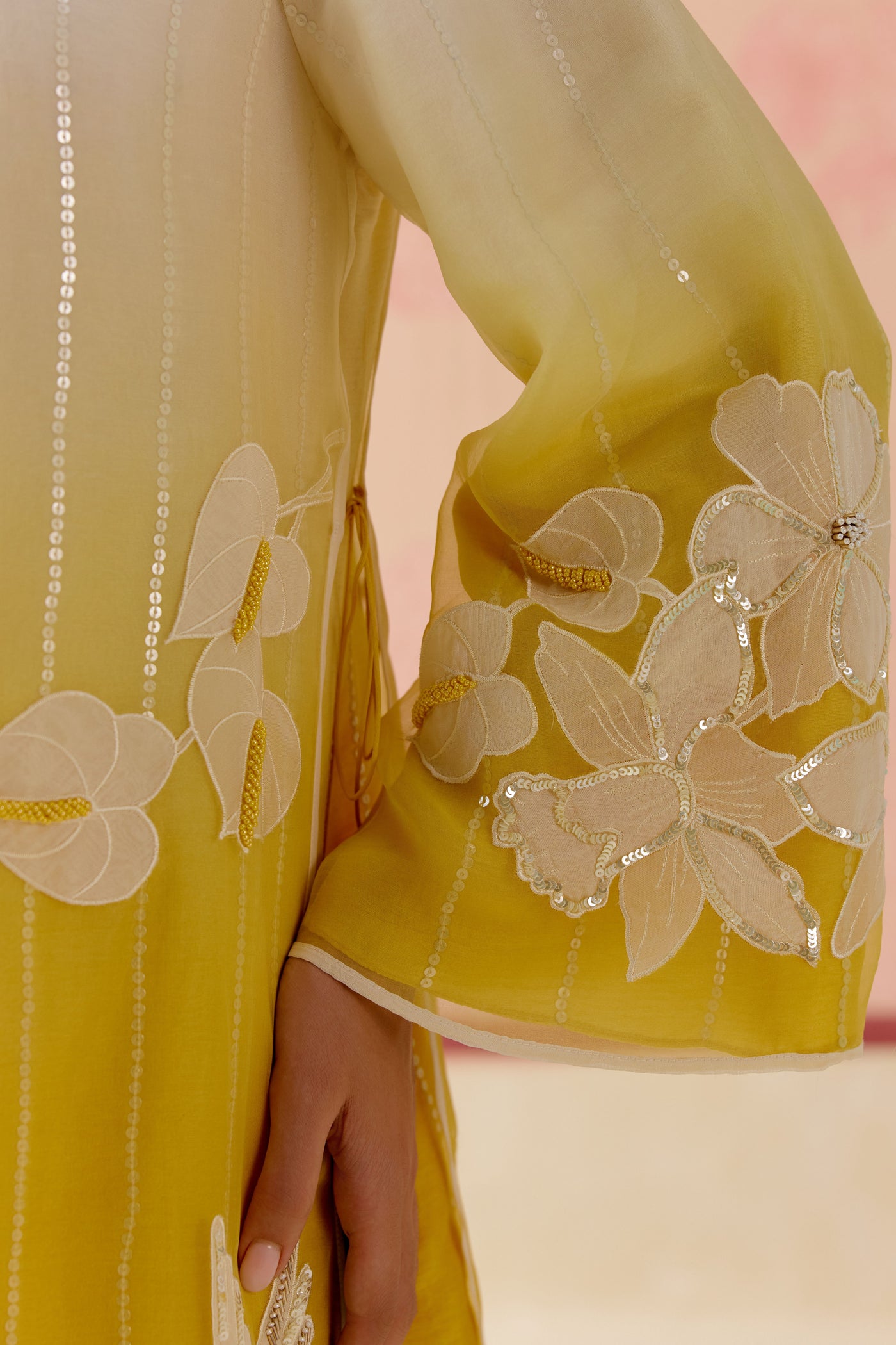 "I AM" a Begonia mustard & ivory applique & hand embroidered ombre layered kurta set