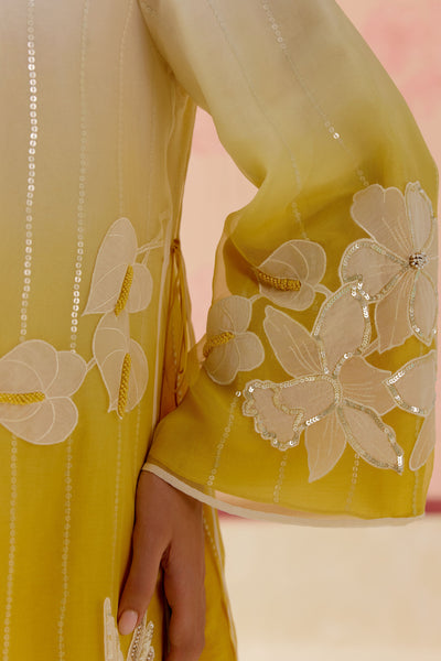 "I AM" a Begonia mustard & ivory applique & hand embroidered ombre layered kurta set