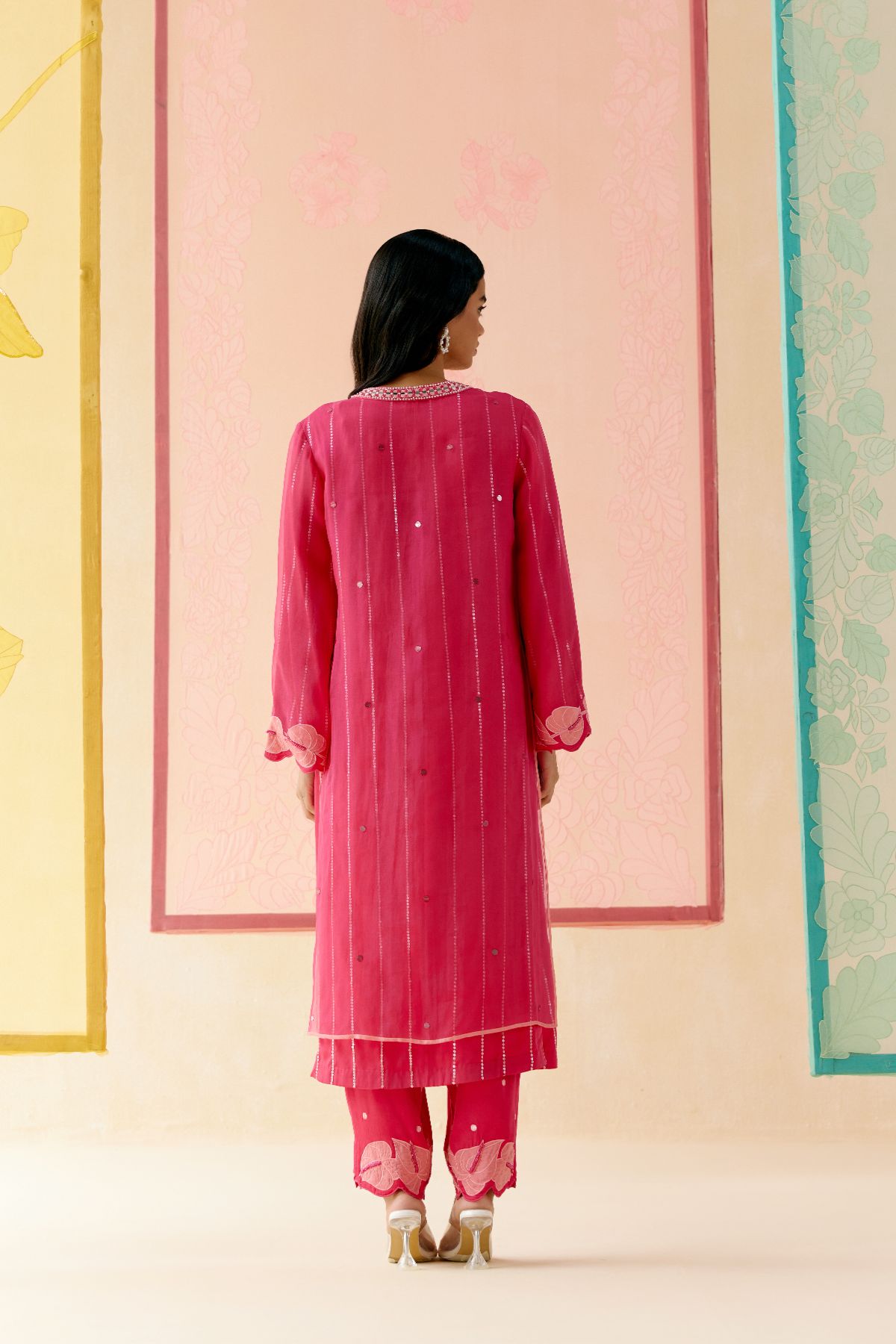 "I AM" a Carnation pink applique & hand embroidered layered kurta set