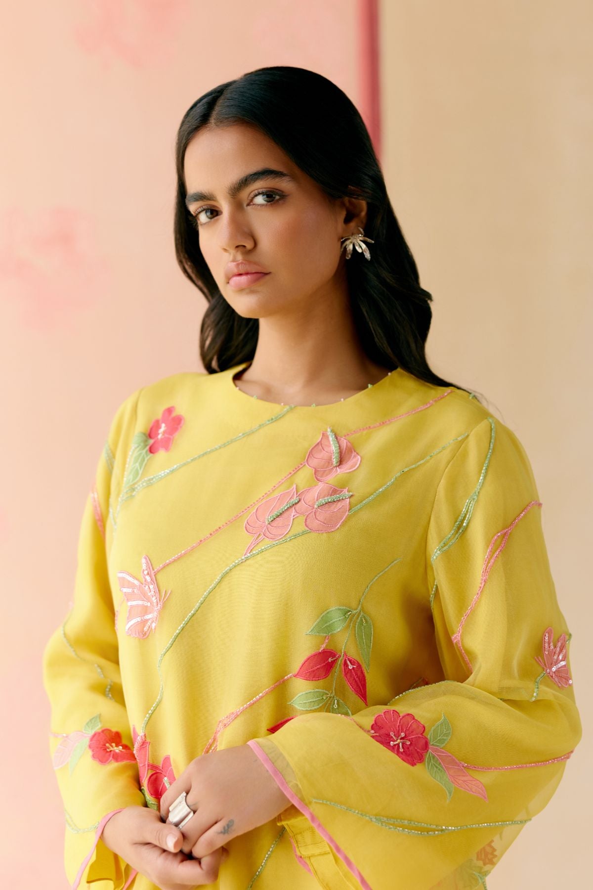 "I AM" a Bougainvillea mustard applique & hand embroidered leher suit set