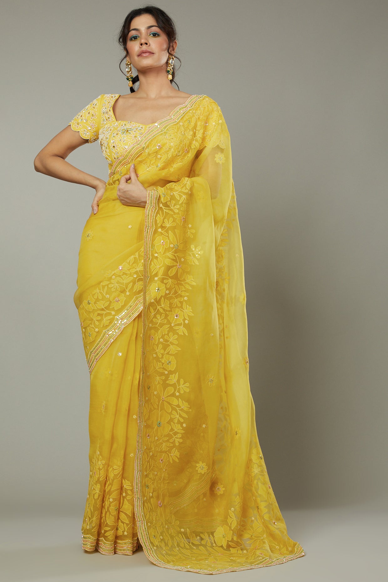 Mango bite candy applique & hand embroidered silk organza saree set