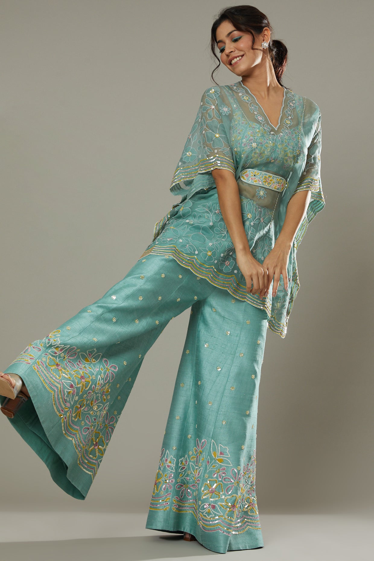 Pepper mint candy hand embroidered and applique work sharara cum plazzo set