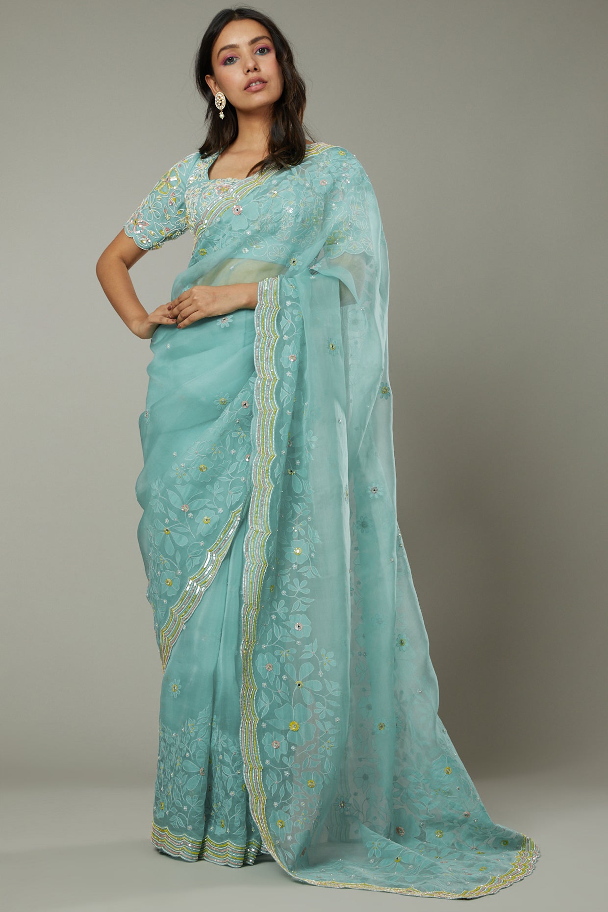 Pepper mint candy applique & hand embroidered silk organza saree set