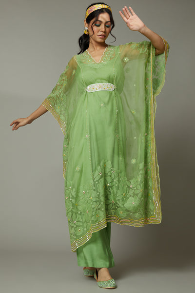 Green apple candy applique and hand embroidered Kaftaan set