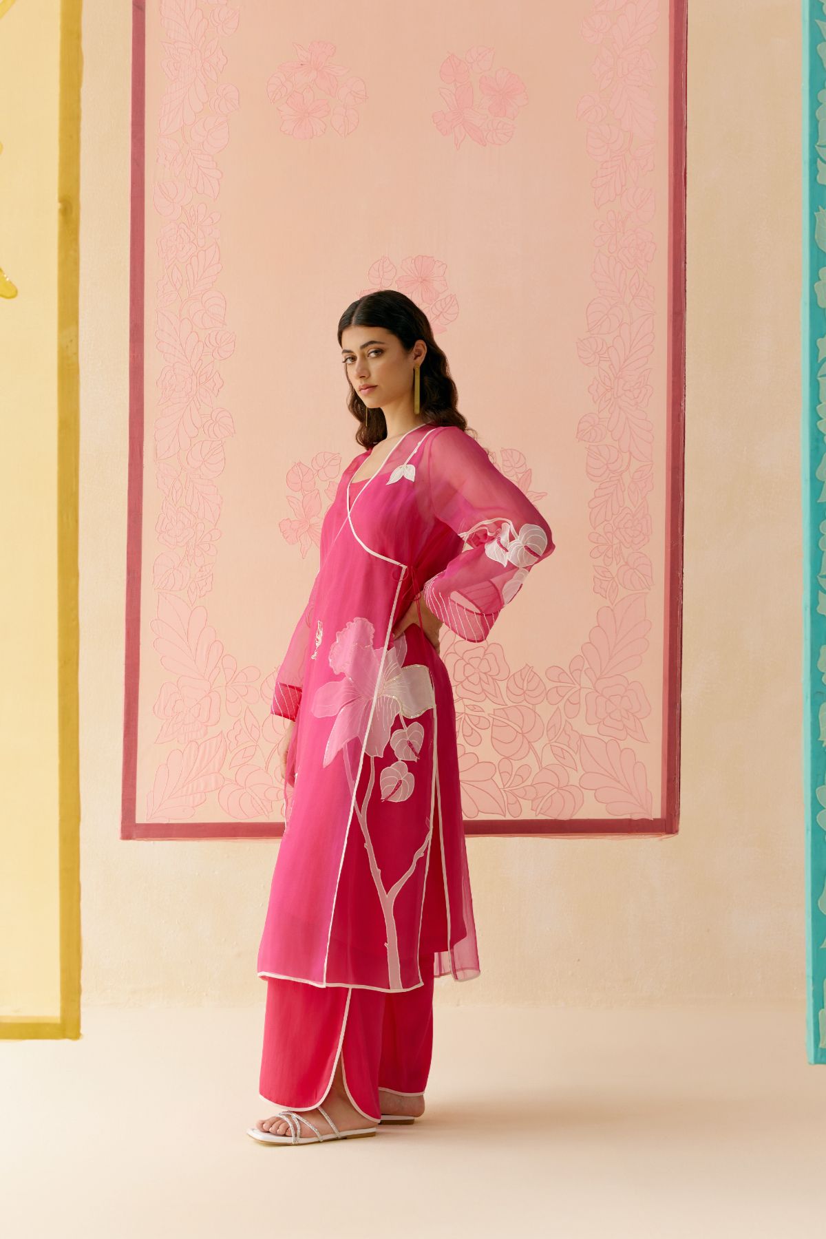 "I AM" a Tulip pink  applique & hand embroidered angrakha kurta set