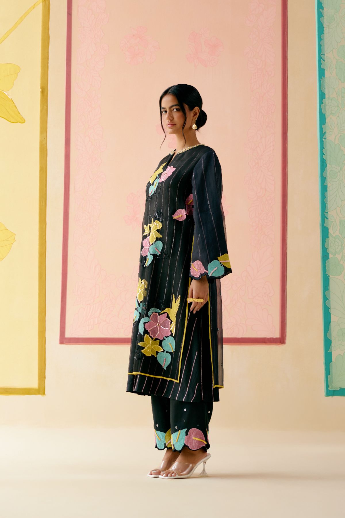 "I AM" a Rainbow rose black applique & hand embroidered layered kurta set