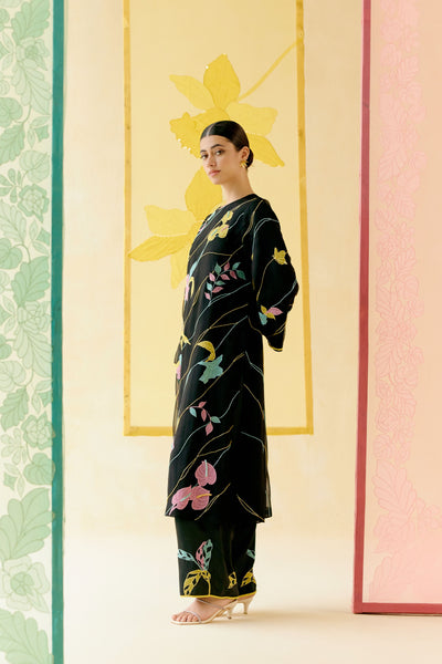 "I AM" a Bougainvillea black applique & hand embroidered leher suit set