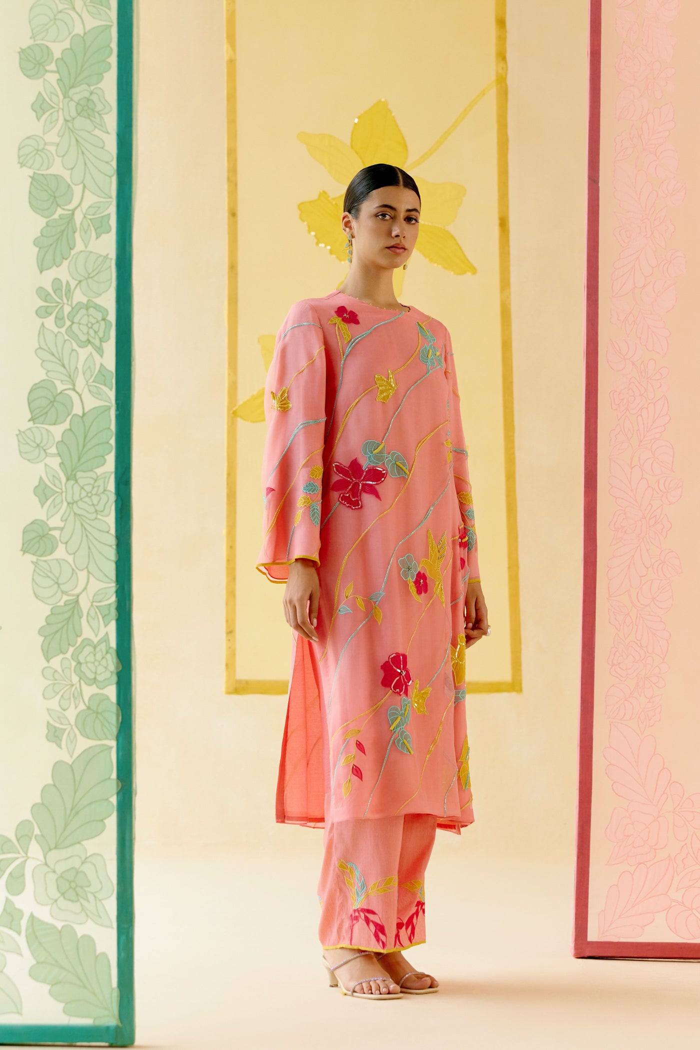 "I AM" a Bougainvillea blush pink applique & hand embroidered leher suit set