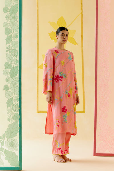 "I AM" a Bougainvillea blush pink applique & hand embroidered leher suit set