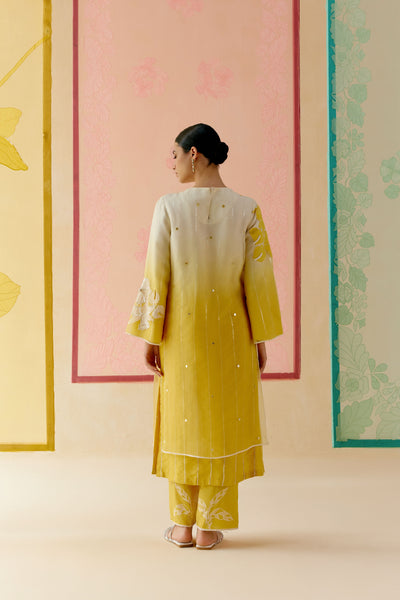 "I AM" a Begonia mustard & ivory applique & hand embroidered ombre layered kurta set
