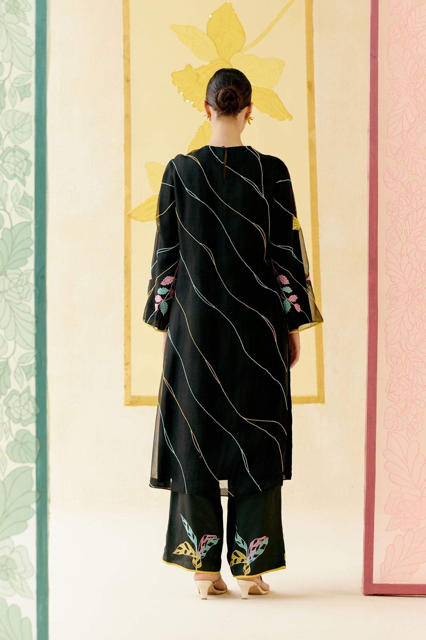 "I AM" a Bougainvillea black applique & hand embroidered leher suit set