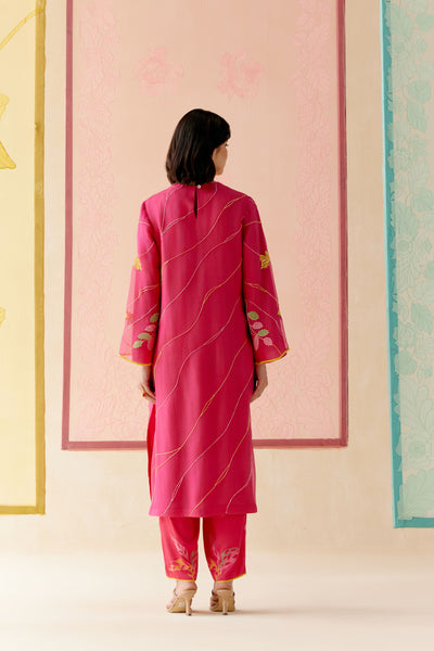 "I AM" a Bougainvillea pink applique & hand embroidered leher suit set