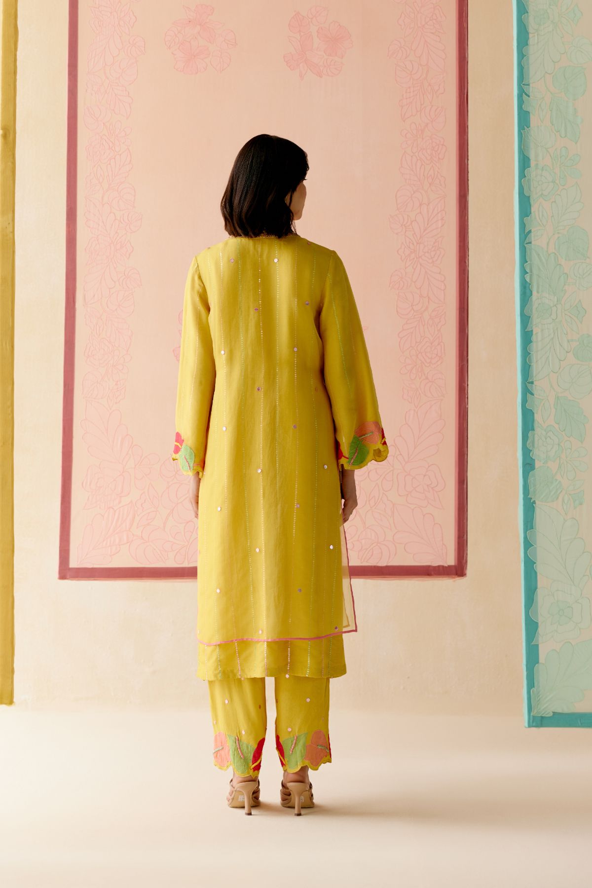 "I AM" a Hibiscus Mustard applique & hand embroidered layered kurta set