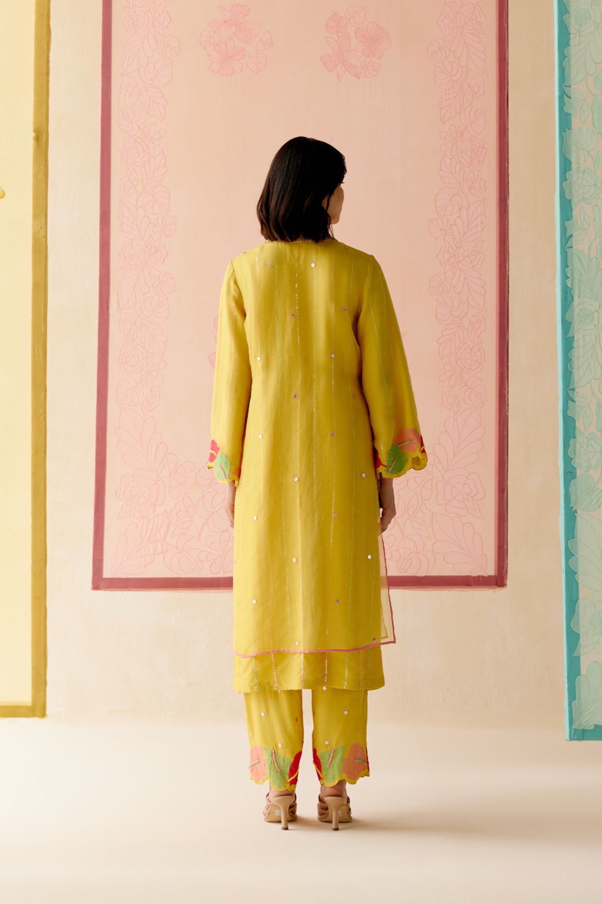"I AM" a Bougainvillea mustard applique & hand embroidered leher suit set