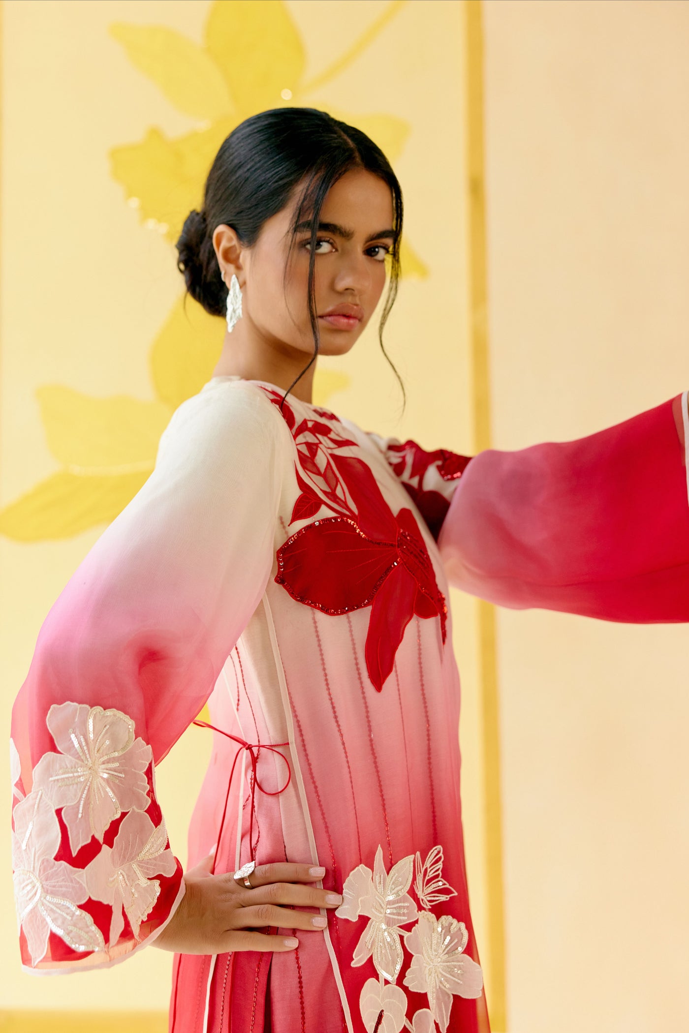 "I AM" a Red  & white rose  applique & hand embroidered ombre layered kurta set