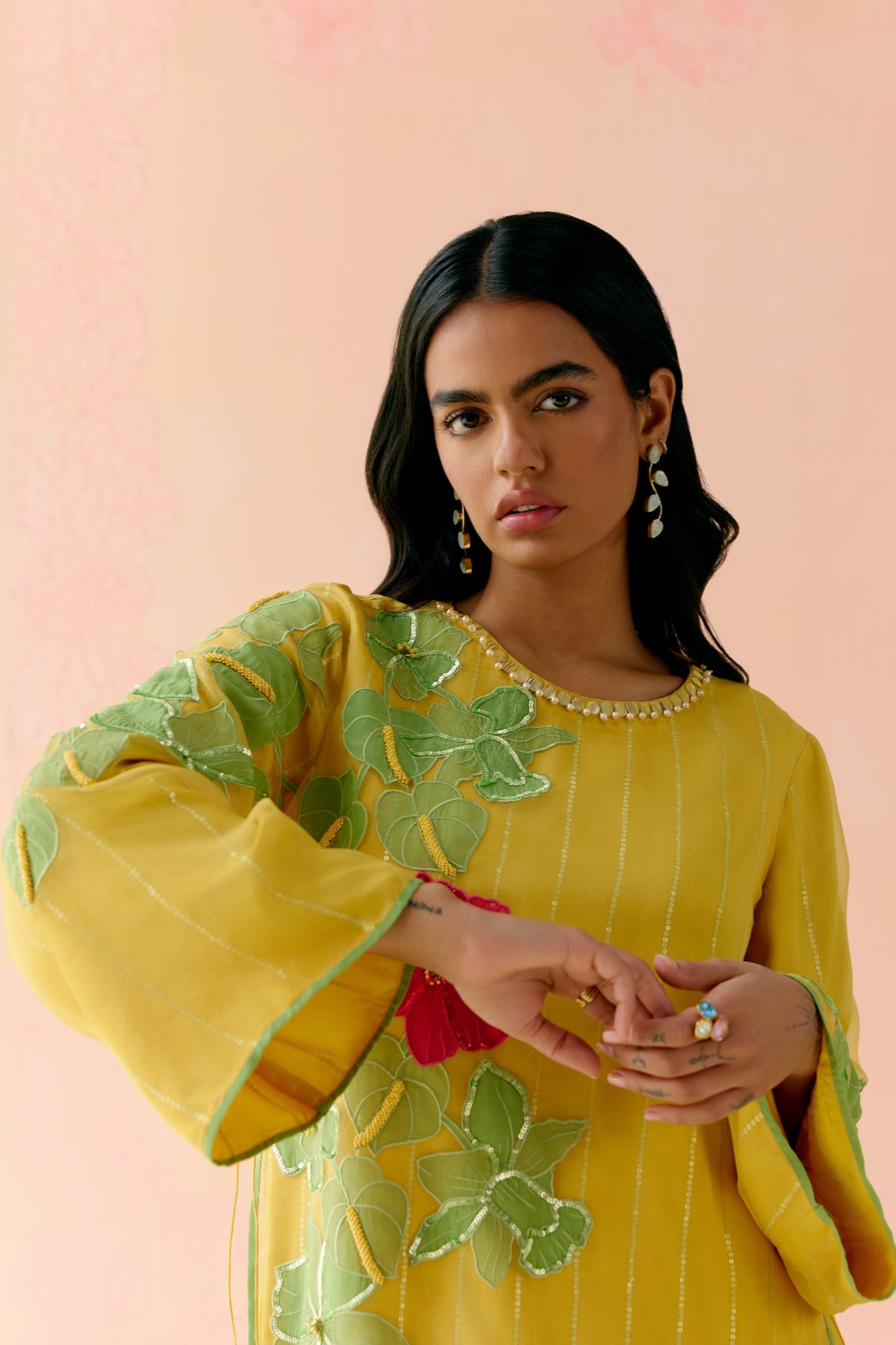 "I AM" a Hyacinth  Mustard applique & hand embroidered layered kurta set