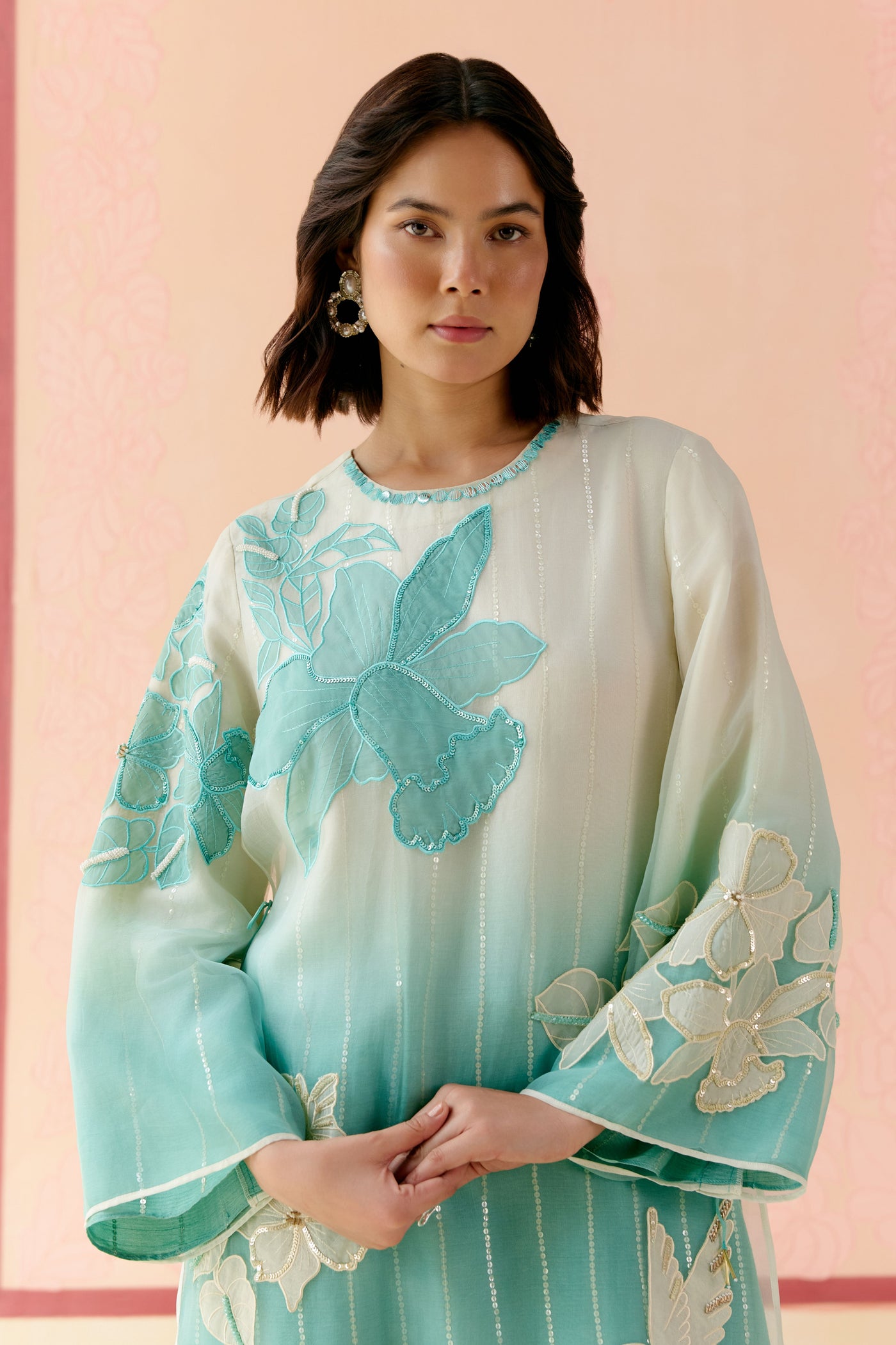 "I AM" a Hydrangea mint & ivory applique & hand embroidered ombre layered kurta set