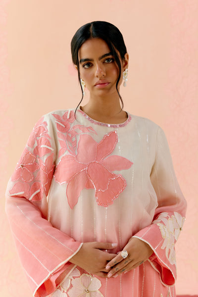 "I AM" a Cherry blossom pink & ivory  applique & hand embroidered ombre layered kurta set