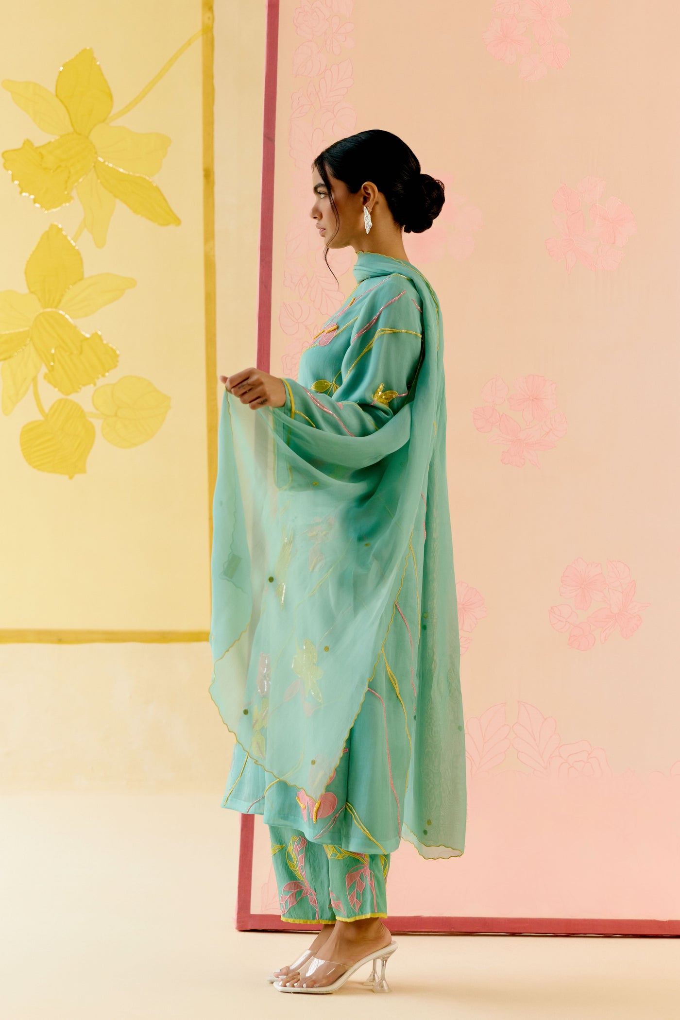 "I AM" a Bougainvillea mint applique & hand embroidered leher suit set