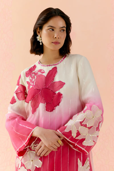 "I AM" a Pink & white rose  applique & hand embroidered ombre layered kurta set