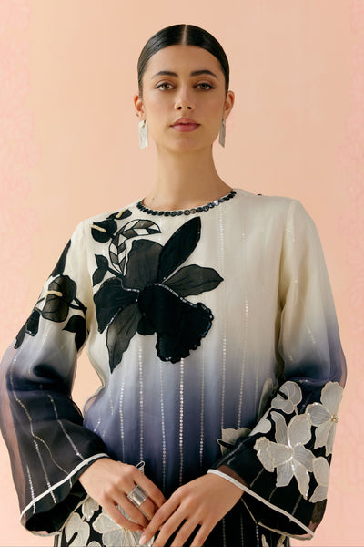 "i Am" a Black & White Rose  Applique & Hand Embroidered Ombre Layered Kurta Set