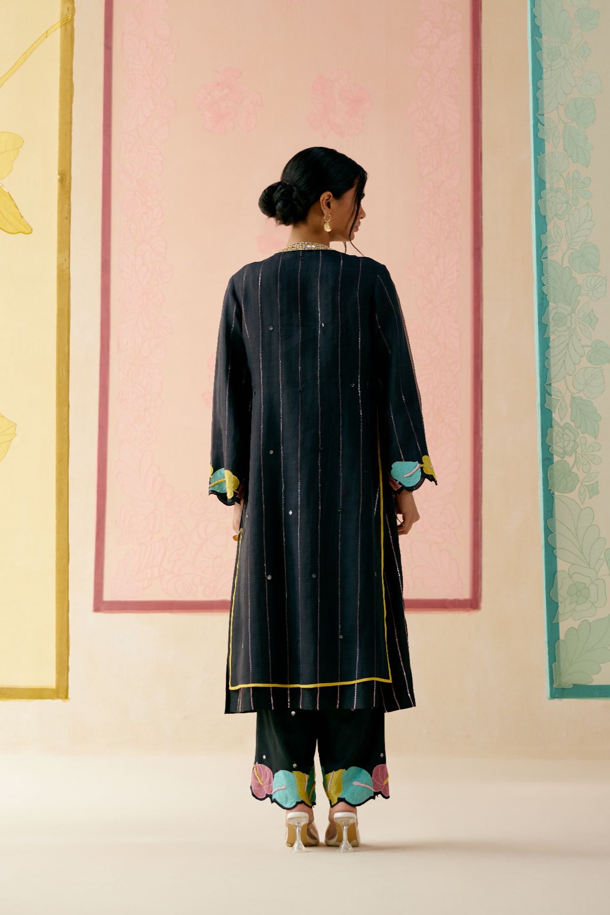 "I AM" a Rainbow rose black applique & hand embroidered layered kurta set