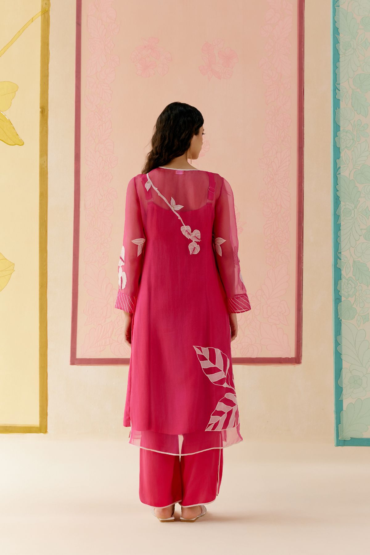 "I AM" a Tulip pink  applique & hand embroidered angrakha kurta set