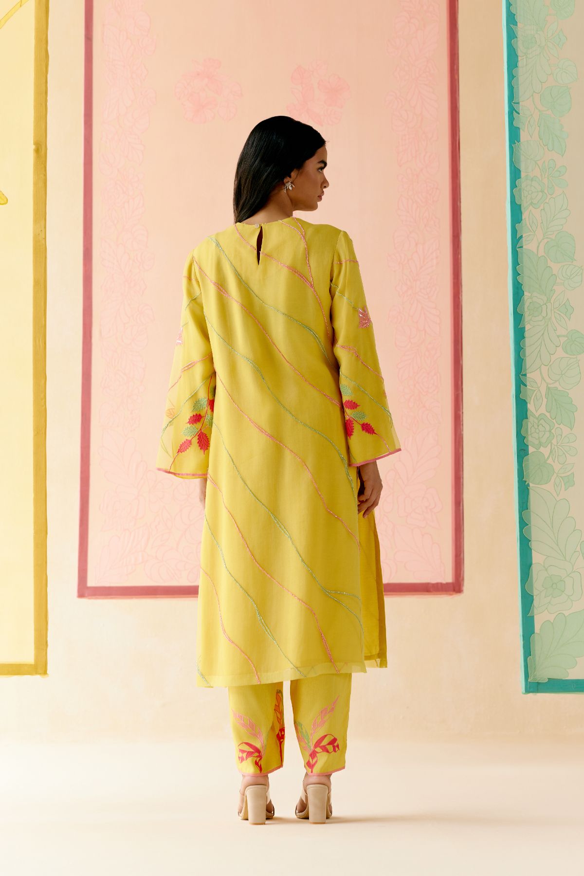"I AM" a Bougainvillea mustard applique & hand embroidered leher suit set