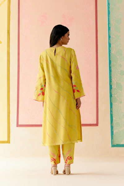 "I AM" a Bougainvillea mustard applique & hand embroidered leher suit set