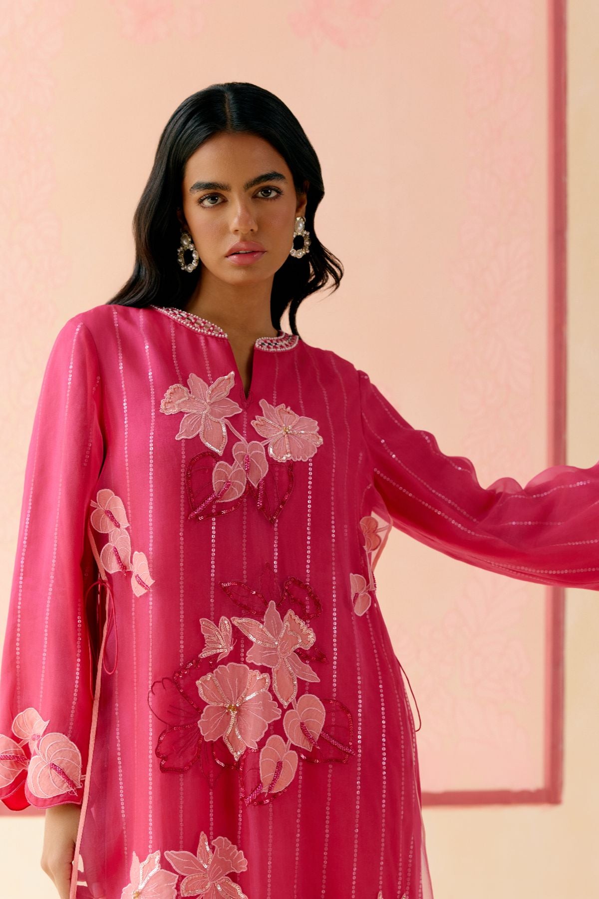 "I AM" a Carnation pink applique & hand embroidered layered kurta set