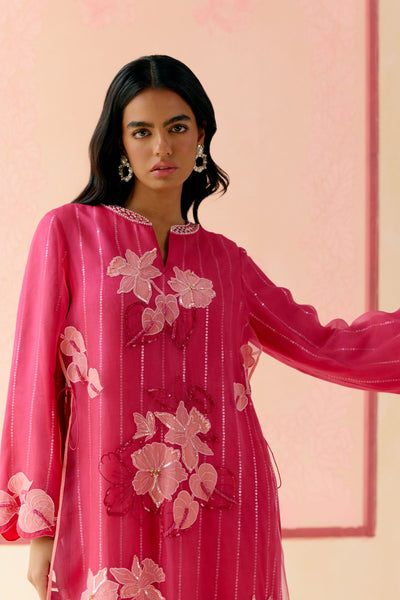 "I AM" a Carnation pink applique & hand embroidered layered kurta set