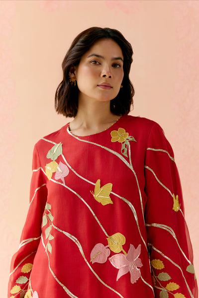 "I AM" a Bougainvillea red applique & hand embroidered leher suit set