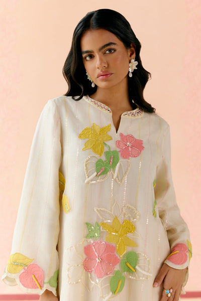 "I AM" a Petunias white applique & hand embroidered layered kurta set