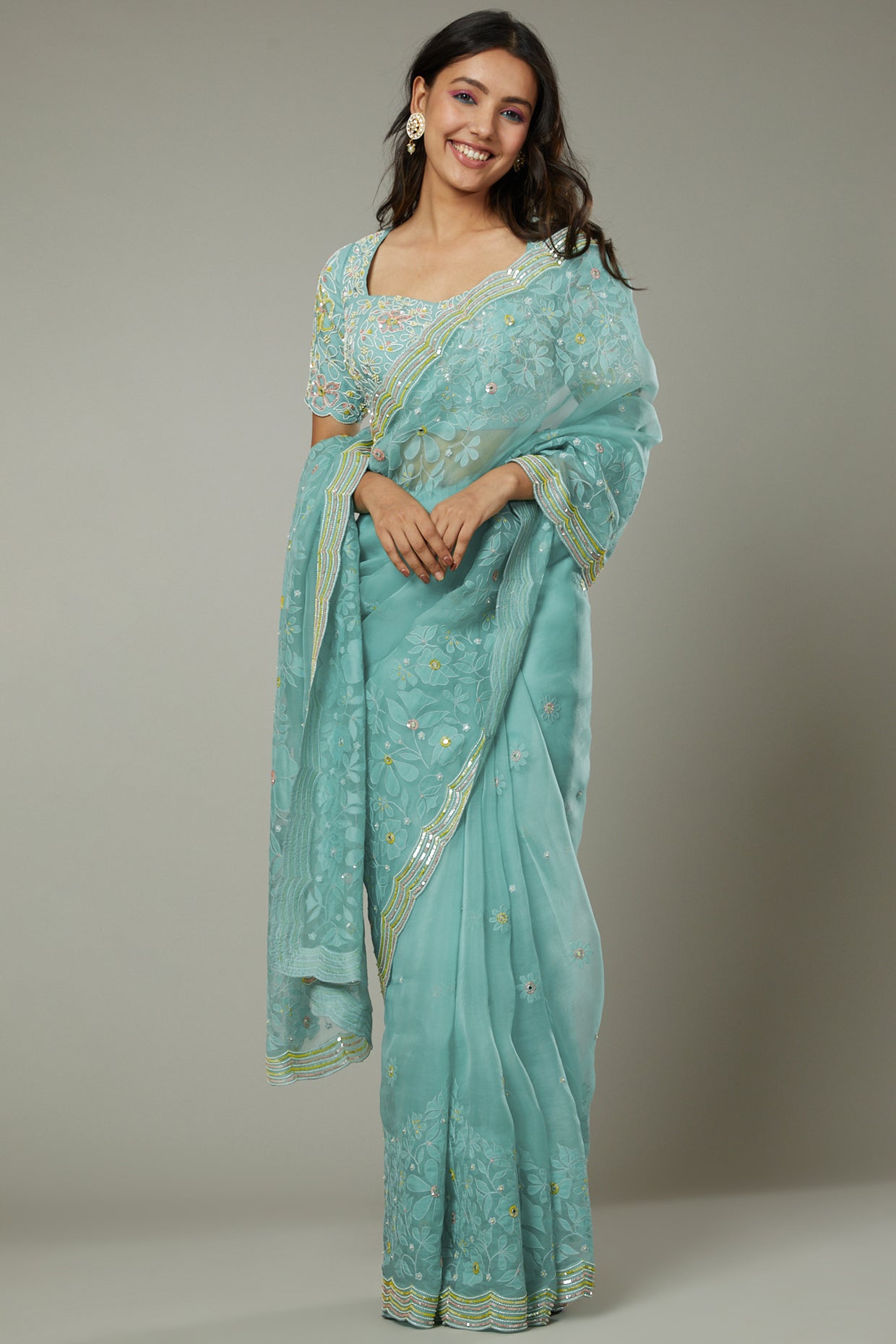 Pepper mint candy applique & hand embroidered silk organza saree set